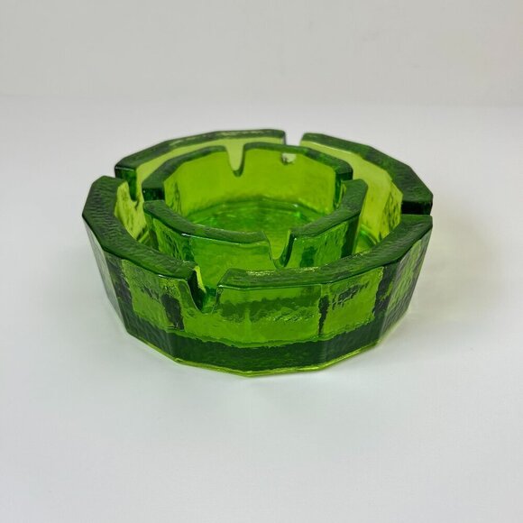 Vintage Blenko Green Glass Ashtray Set of 2 Heavy Round Pebbled Retro 4" & 6"